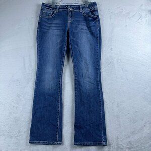INC Denim Boot Cut Leg Jeans Women Size 10S Regular Fit Blue Embroidered Pockets